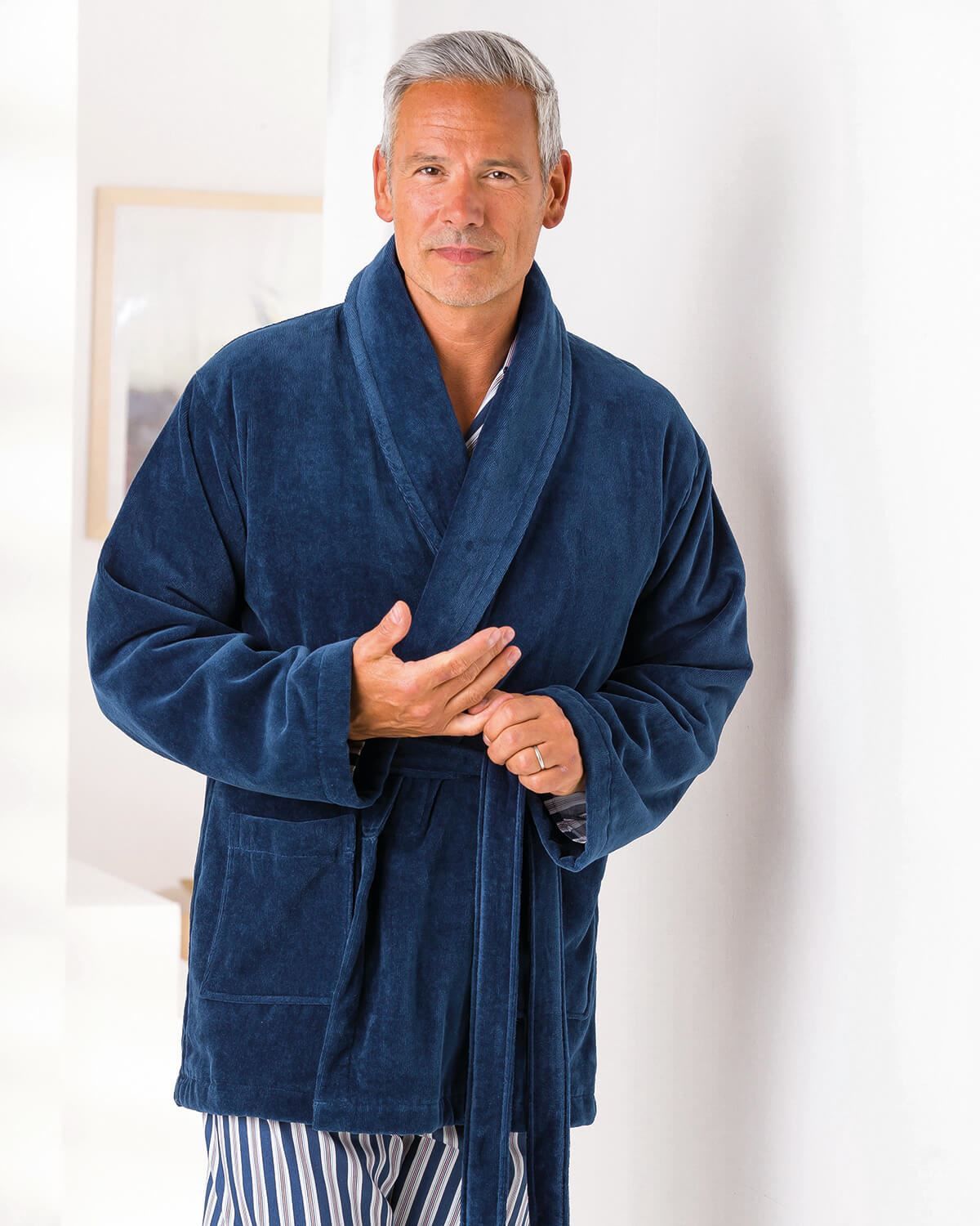 Men's Navy Velour Bed Jacket. Machine Washable. Sizes M XXL.